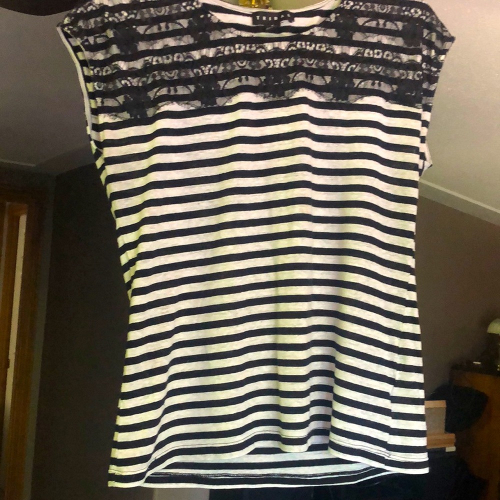 “Tribal” Short sleeve Black and Light Grey striped blouse w/ black lace detail.
